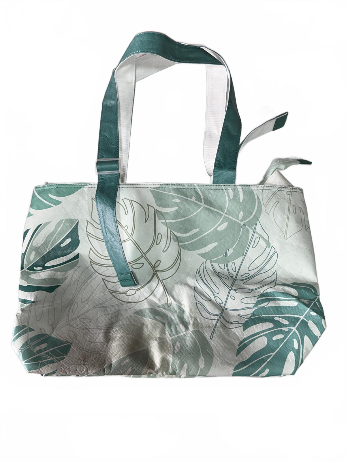 Large Tropical Leaf Print Tote Bag, White/Green, Shoulder Straps