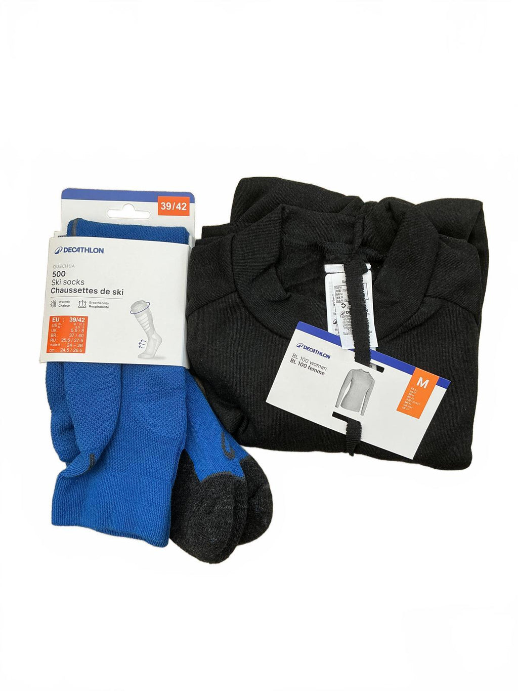 Decathlon BL 100 Woman Long Sleeve Top and Quechua 500 Ski Socks Size 5.5-8