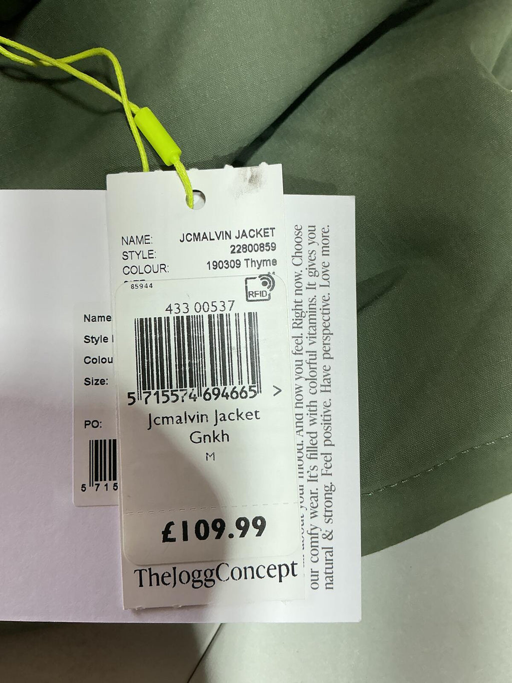 *NEW* ThejoggConcept JCMALVIN Green Jacket Size M Utility Pockets Zip Up Jacket.