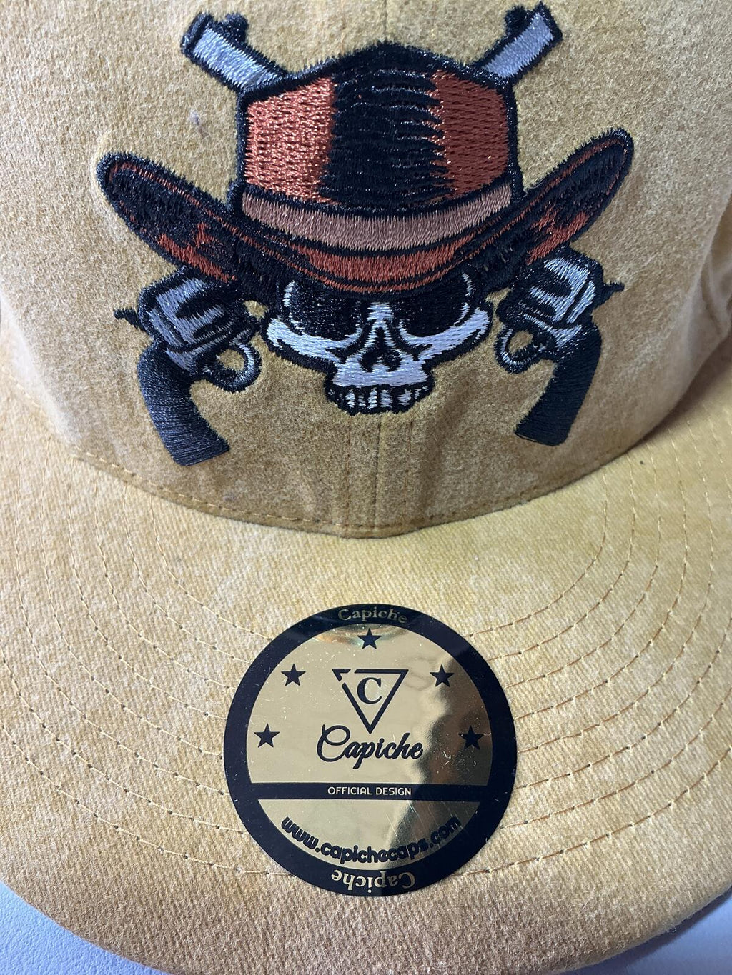 Capiche Yellow Cotton Snapback Hat with Skull and Guns Design Size Adjustable