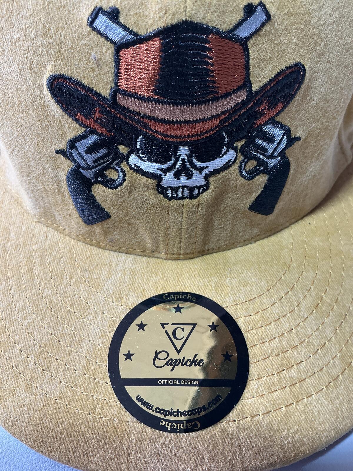 Capiche Yellow Cotton Snapback Hat with Skull and Guns Design Size Adjustable