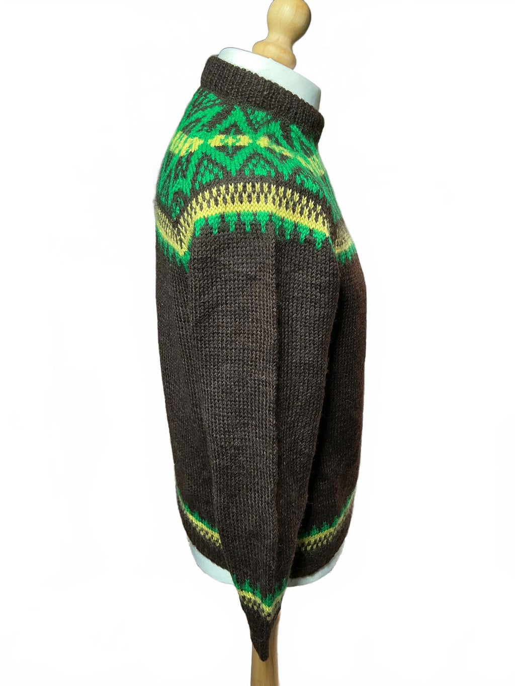 Vintage Men's Brown Knit Sweater with Green and Yellow Pattern