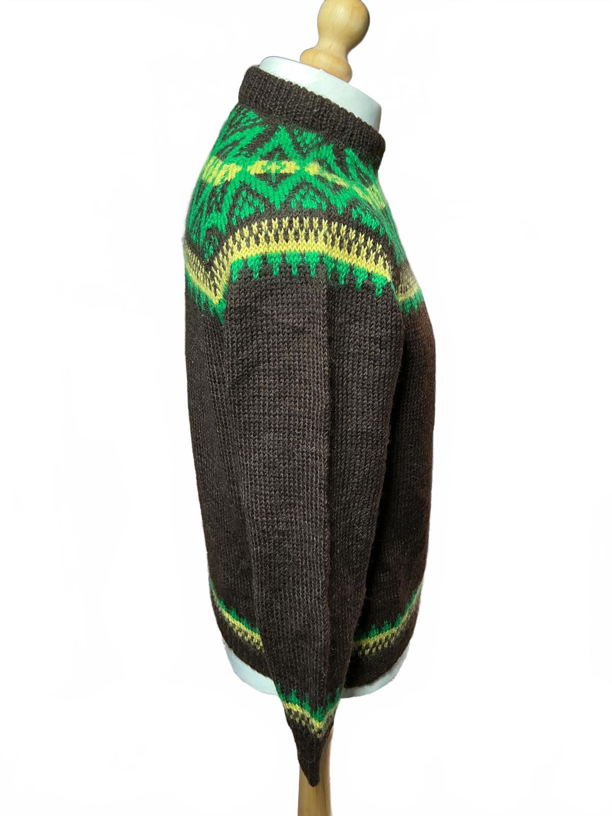 Vintage Men's Brown Knit Sweater with Green and Yellow Pattern