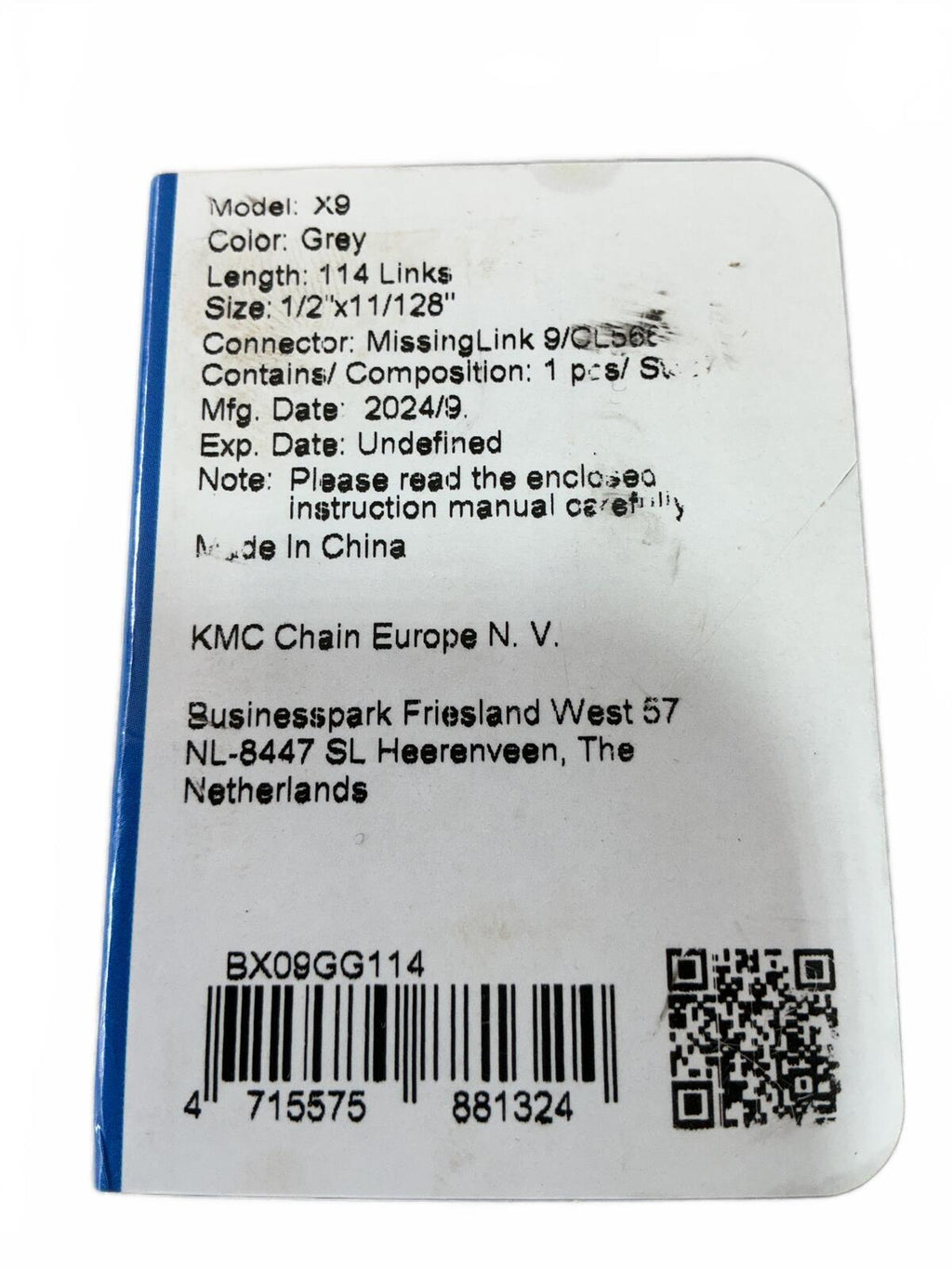 KMC X9 9-Speed Bicycle Chain Grey 114 Links 1/2"x11/128" Size