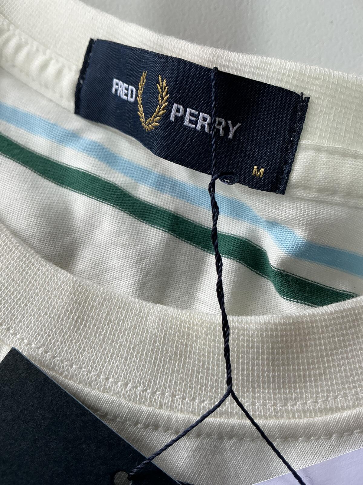 Fred Perry White and Green Striped T-Shirt Size Regular M