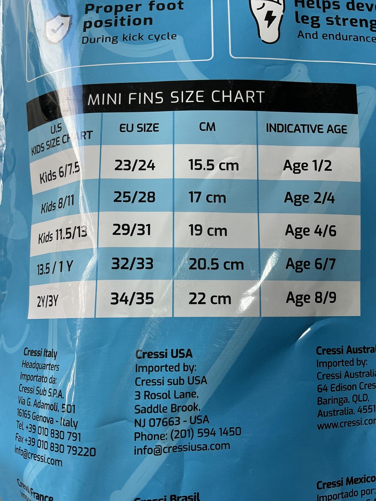Cressi Mini Light Swim Fins Kids Size 13/13.5 Comfortable and Durable