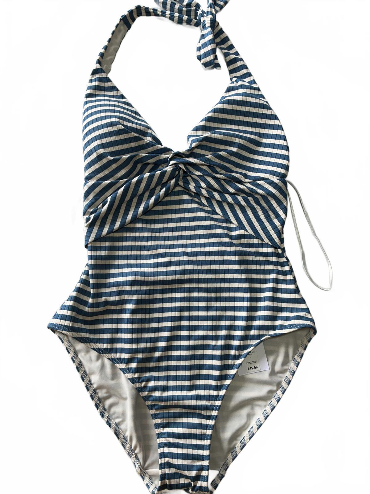 John Lewis Valencia Halter Stripe Swimsuit Size 12 Blue White Halter Neck