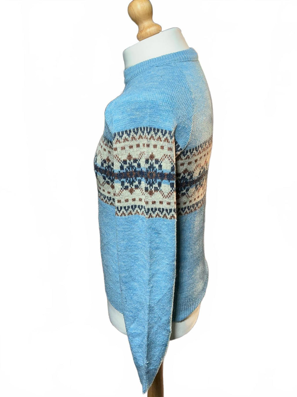 Vintage Light Blue Men's Crew Neck Sweater with Patterned Band
