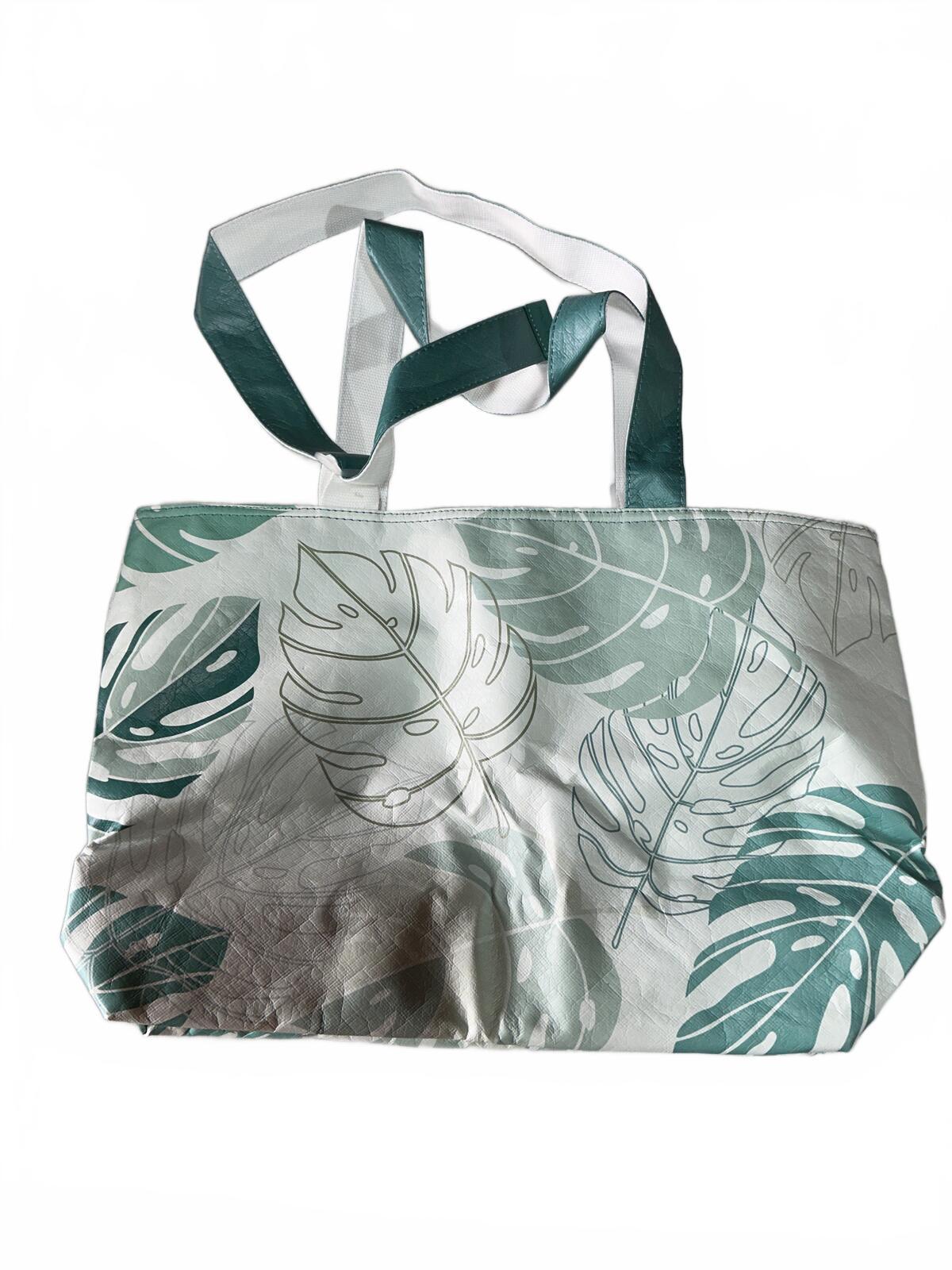 Large Tropical Leaf Print Tote Bag, White/Green, Shoulder Straps