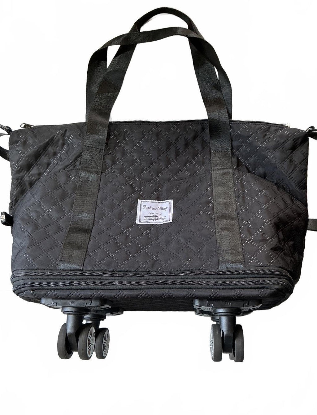 Fashion Bag Black Quilted Expandable Travel Tote Bag with Wheels - Large