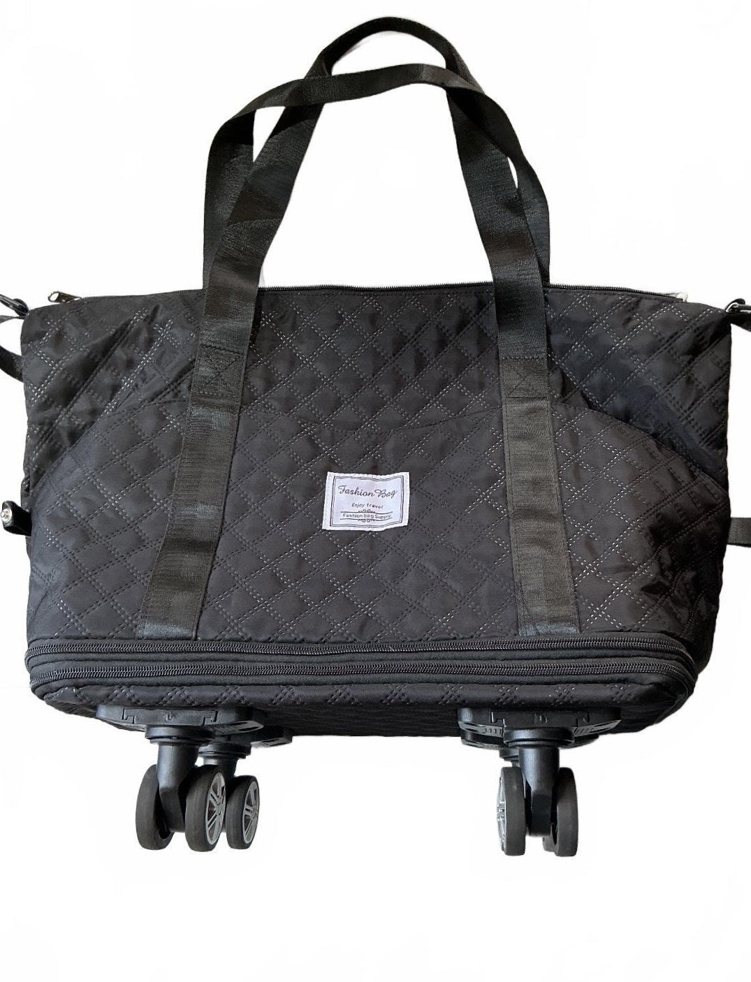 Fashion Bag Black Quilted Expandable Travel Tote Bag with Wheels - Large