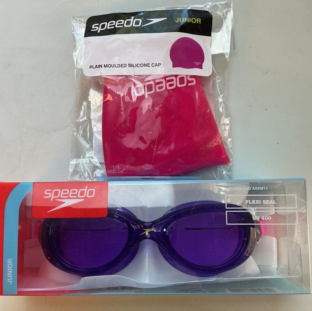 *NEW* Speedo Junior Swimming Goggles and Pink Silicone Cap Set Age 6-14 Years