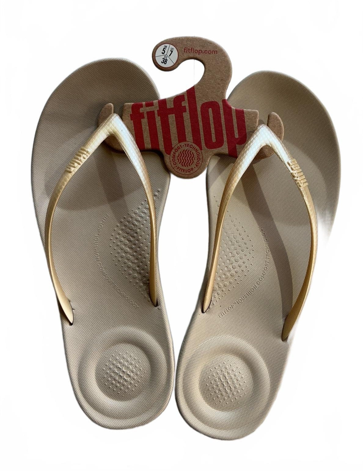 FitFlop Gold Flip Flop Sandals UK 5 Comfortable Contoured Footbed Summer