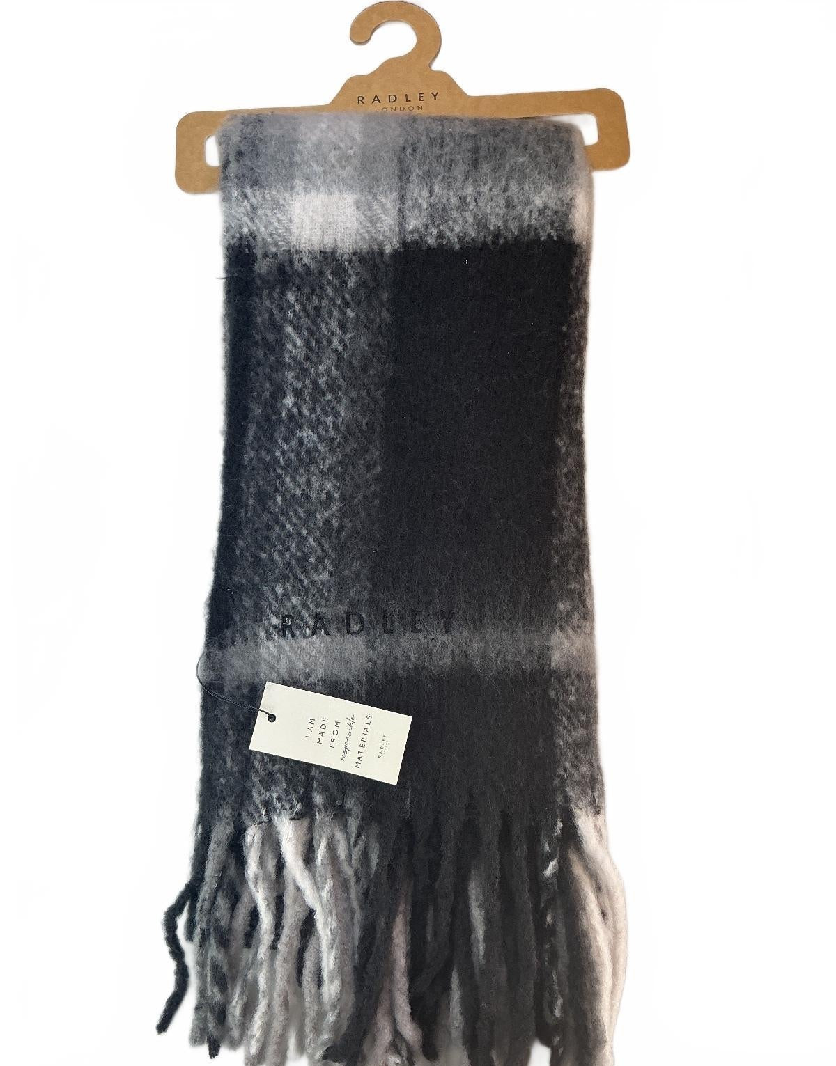 Radley London Women's Fluffy Scarf Black Grey Check Pattern Soft Warm 100x42cm