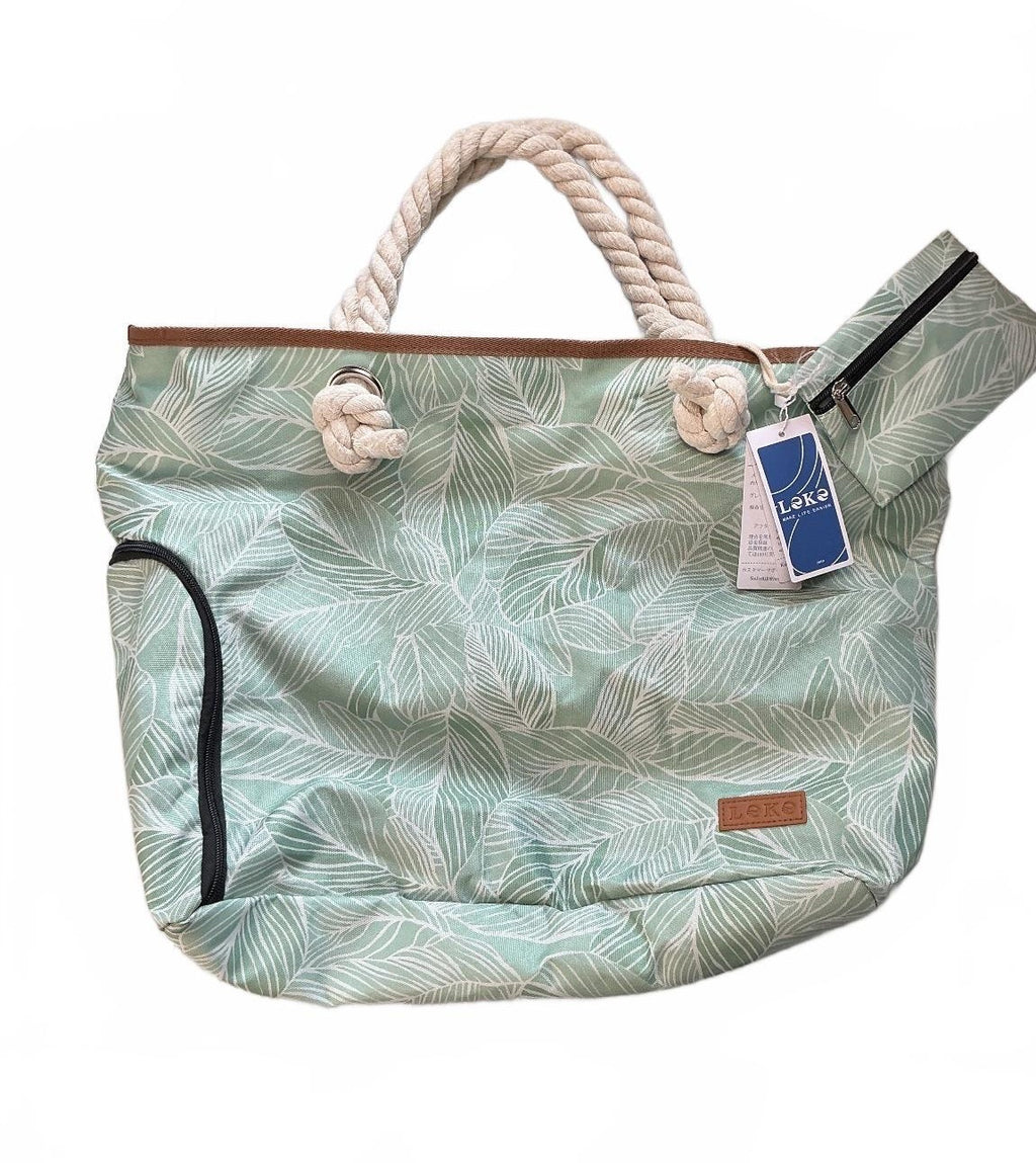 Leke Women's Tote Bag Green Leaf Pattern Rope Handles Stylish Summer Beach Bag