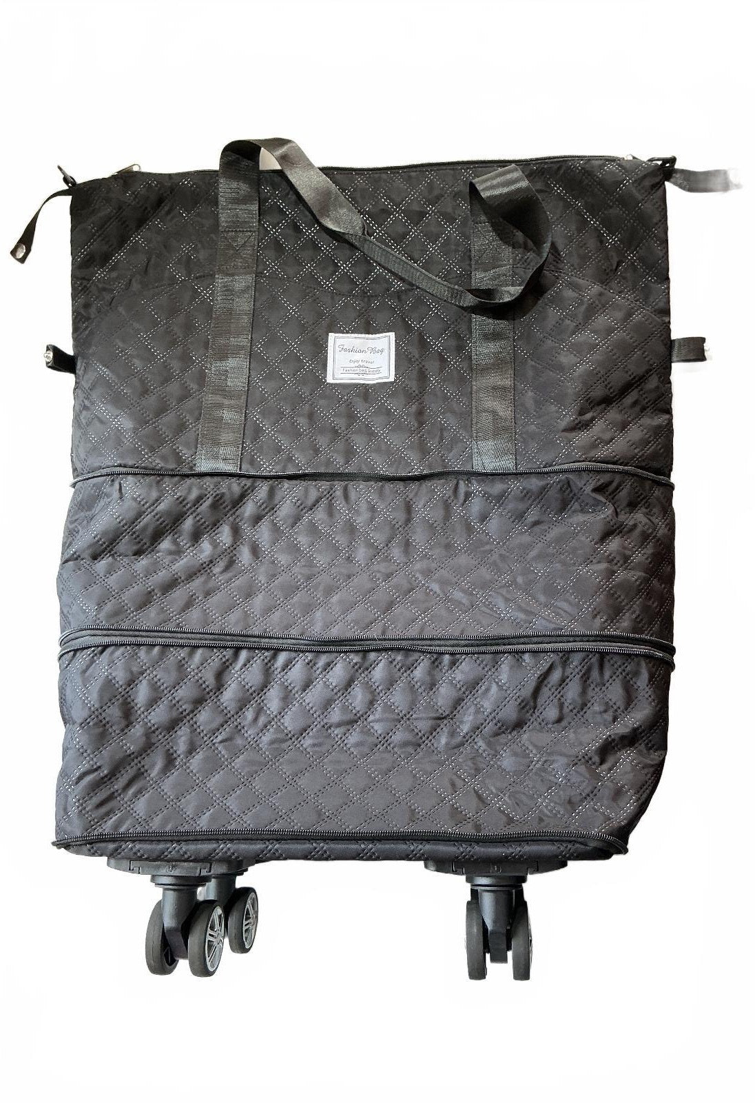Fashion Bag Black Quilted Expandable Travel Tote Bag with Wheels - Large
