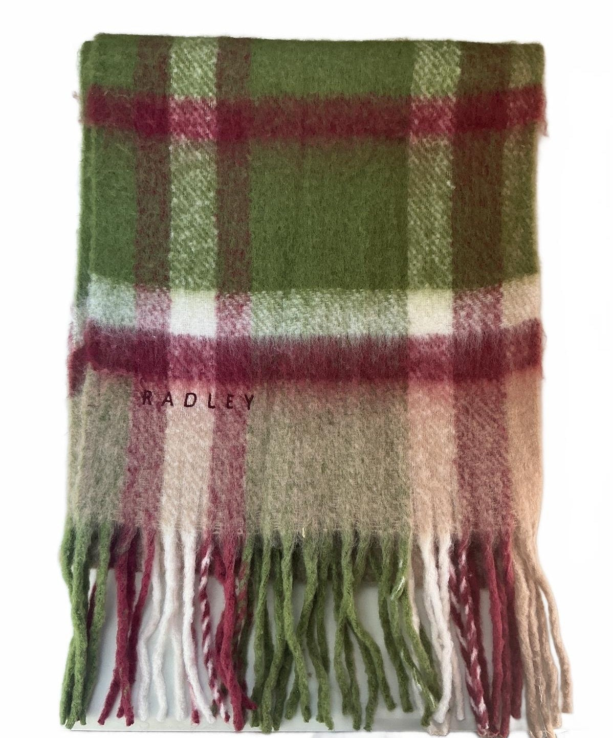 Radley London Women's Scarf Green Pink Beige Plaid Soft Fringed Winter Accessory