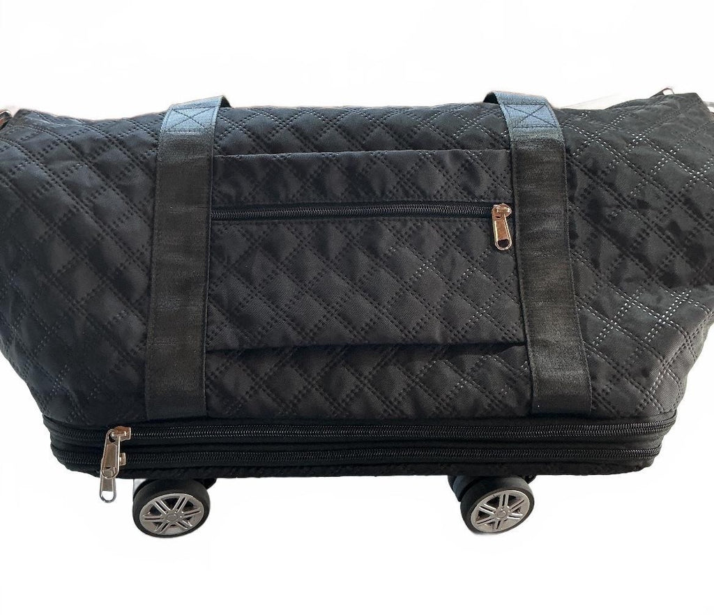 Fashion Bag Black Quilted Expandable Travel Tote Bag with Wheels - Large