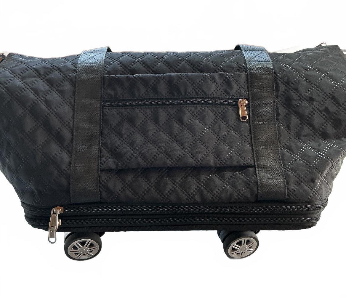 Fashion Bag Black Quilted Expandable Travel Tote Bag with Wheels - Large