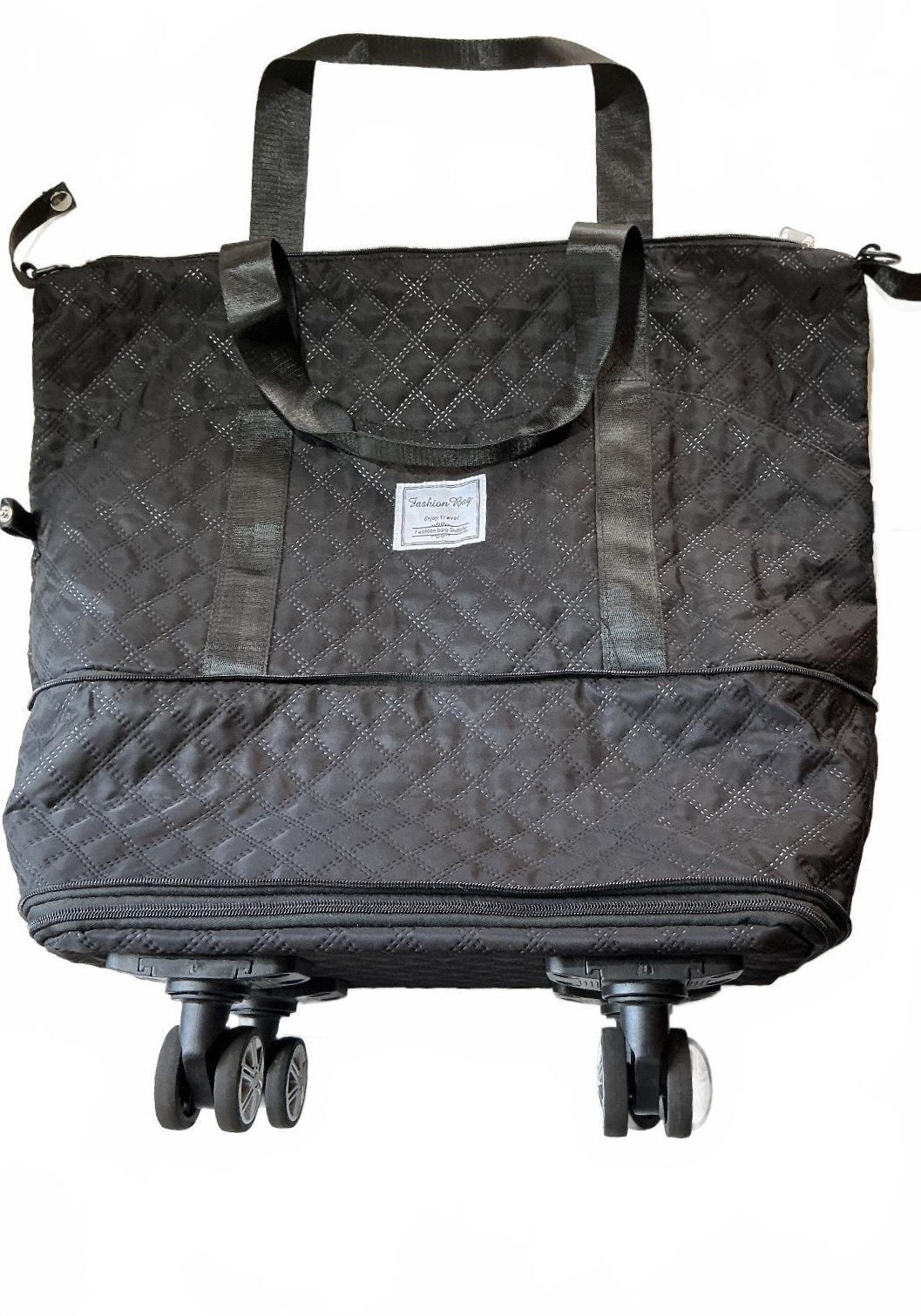 Fashion Bag Black Quilted Expandable Travel Tote Bag with Wheels - Large