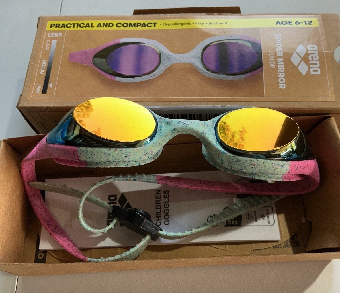 arena Spider Mirror Junior Swimming Goggles Age 6-12 + Tracks Mirror Adult