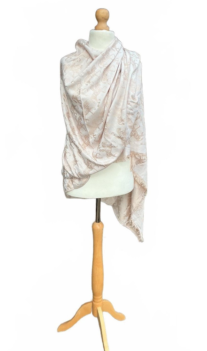 Paul Costelloe Dressage Women's Beige Horse Pattern Shawl Wrap Large Size