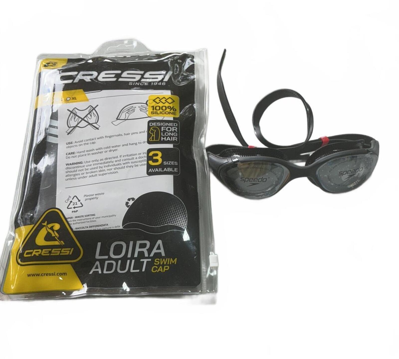 Speedo Adult Biofuse Swimming Goggles Black + Cressi Loira Long Hair Cap