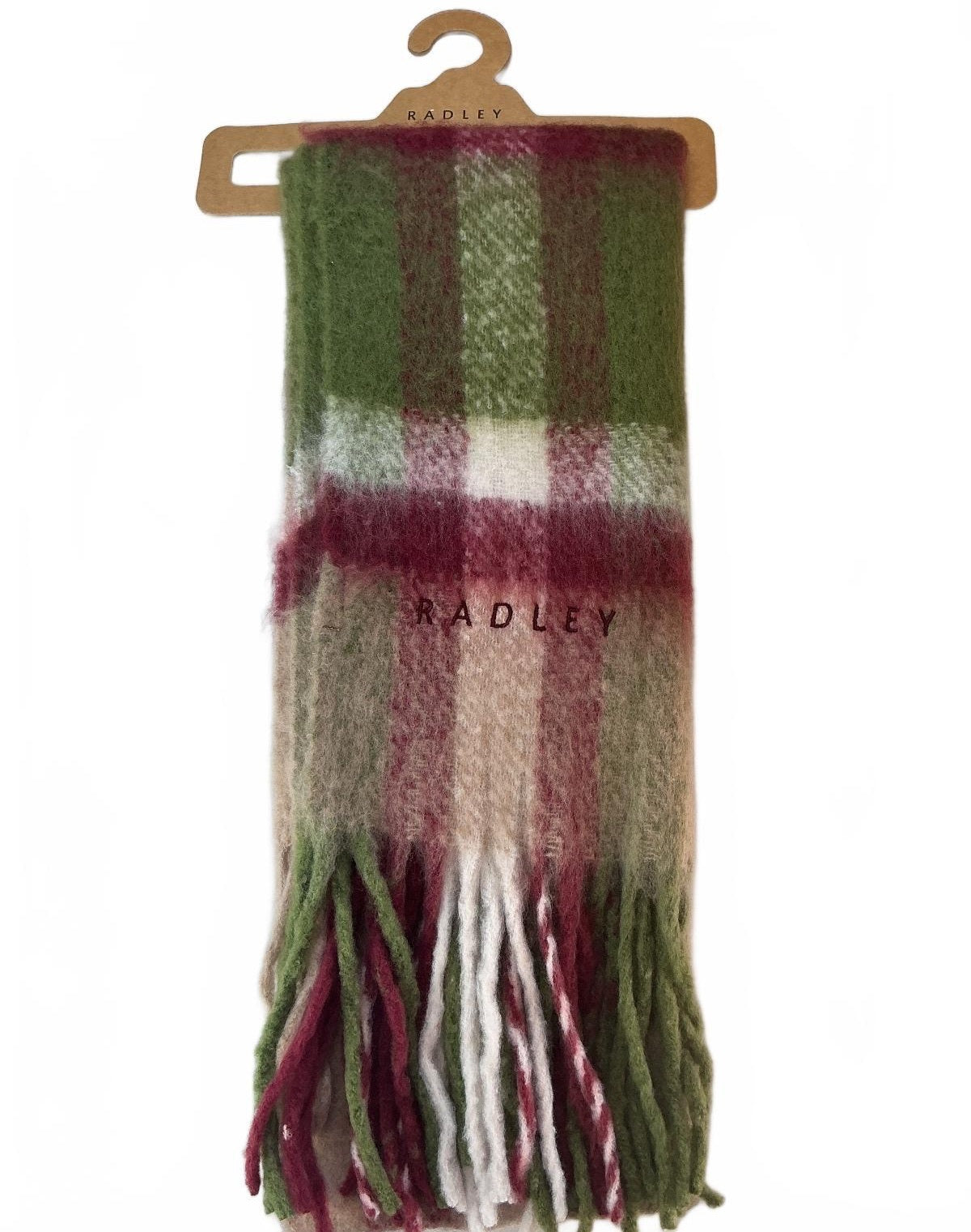 Radley London Women's Scarf Green Pink Beige Plaid Soft Fringed Winter Accessory
