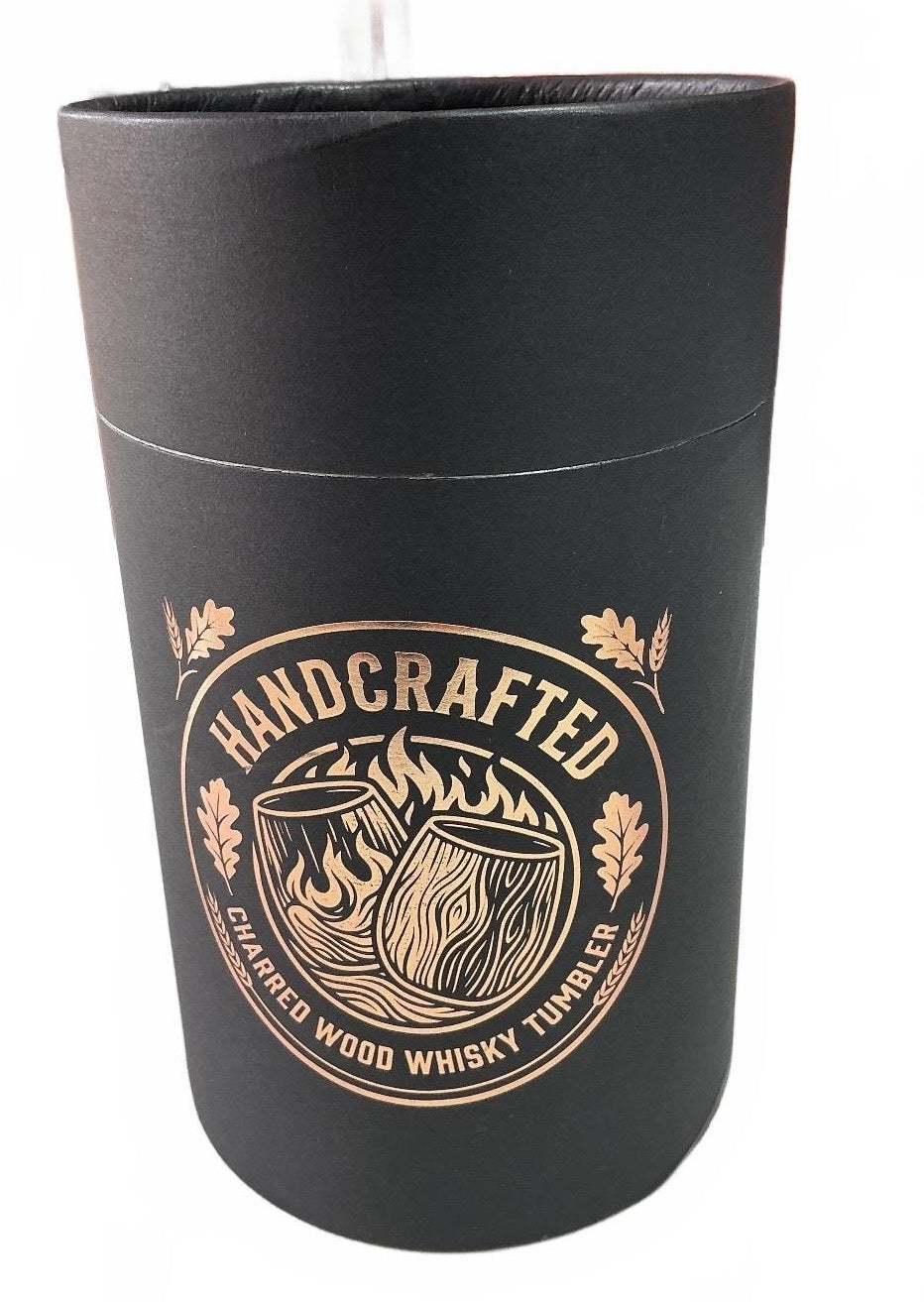 Handcrafted Charred Wood Whisky Tumbler with Stainless Steel Ice Cubes